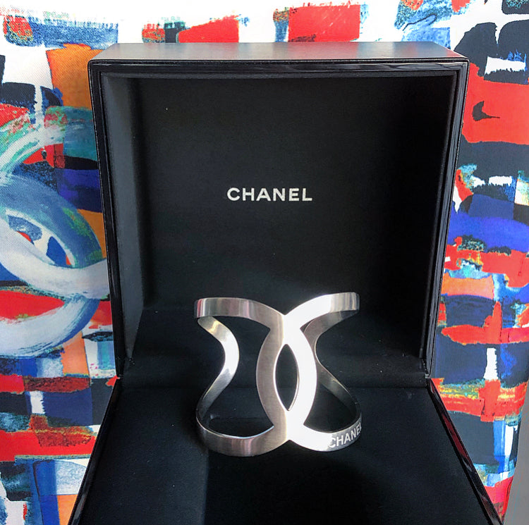 Chanel 16S Matte Sivertone Modernist CC Cuff Bracelet