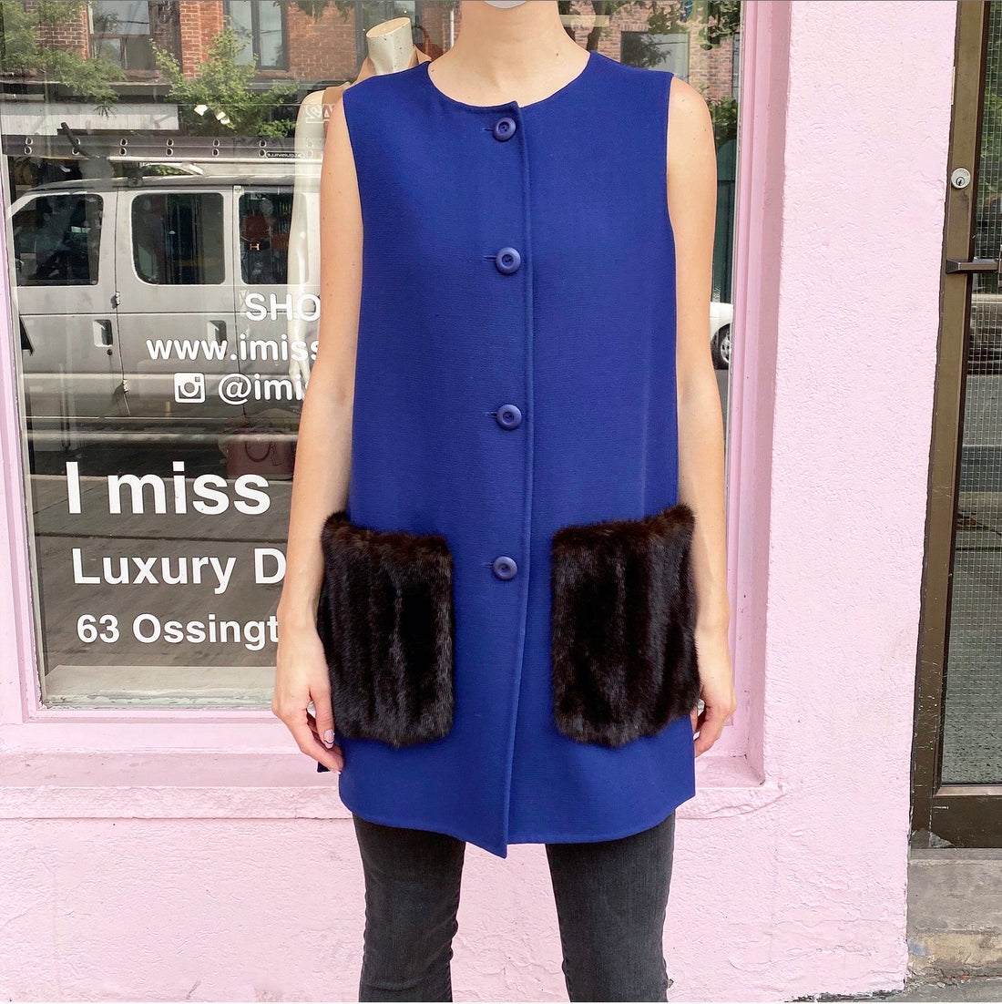 Prada Blue Wool Sleeveless Vest with Brown Mink Fur Pockets - IT42 / S
