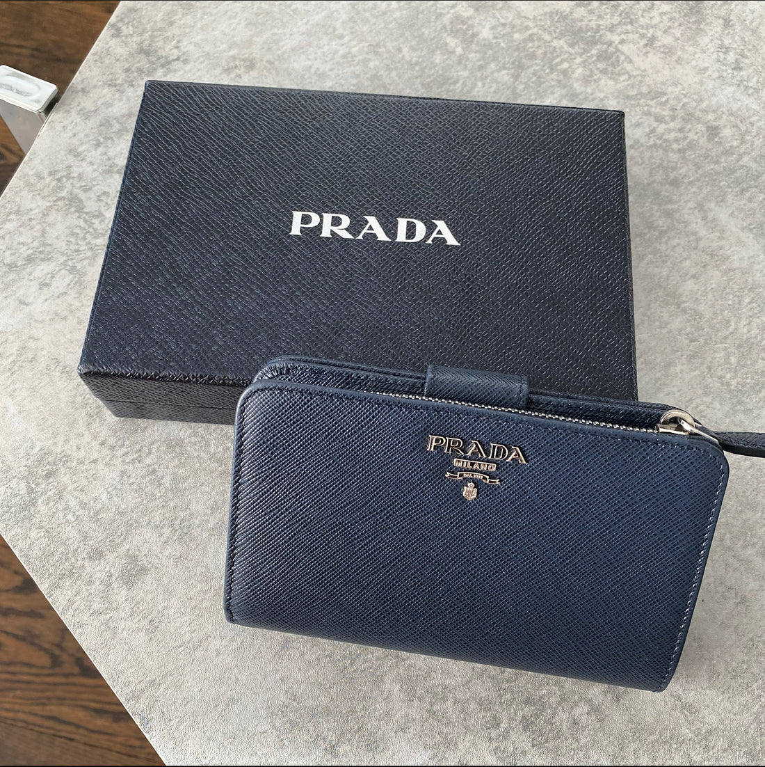 Prada Small Saffiano Compact Navy Wallet