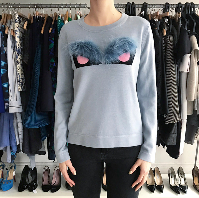 Fendi Light Blue and Pink Knit Monster Bag Bug Fur Eyes Sweater - 6