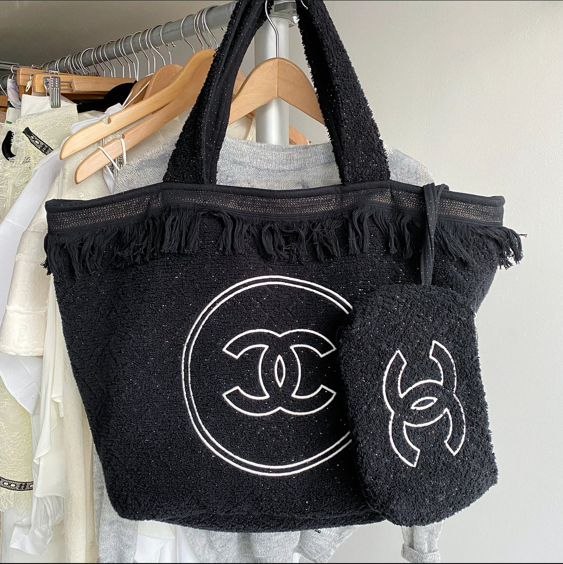 Chanel Pink x Black Terry Cloth CC Logo Tote Bag 929c97