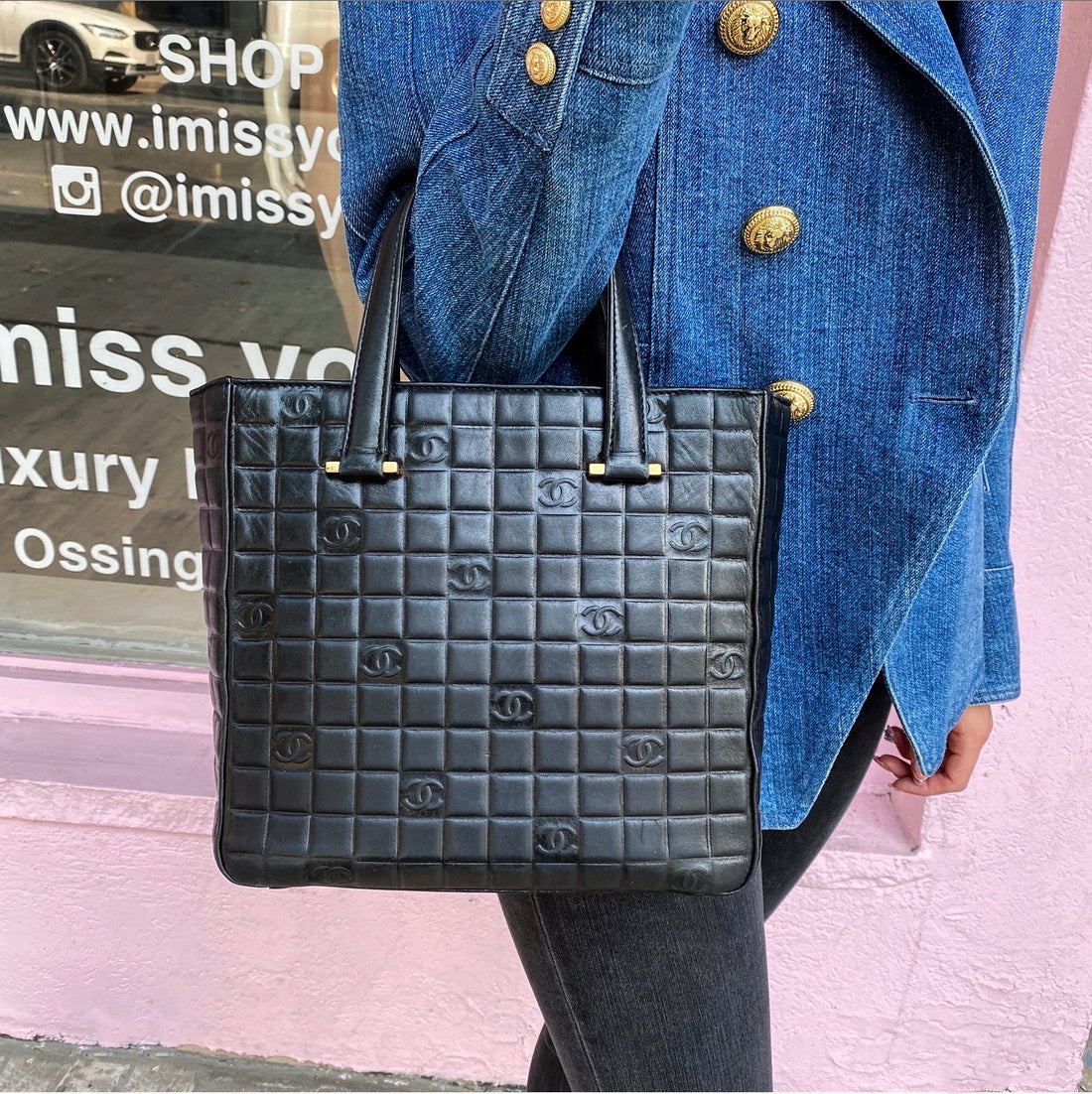 Chanel Vintage Black Leather Square Tote Bag
