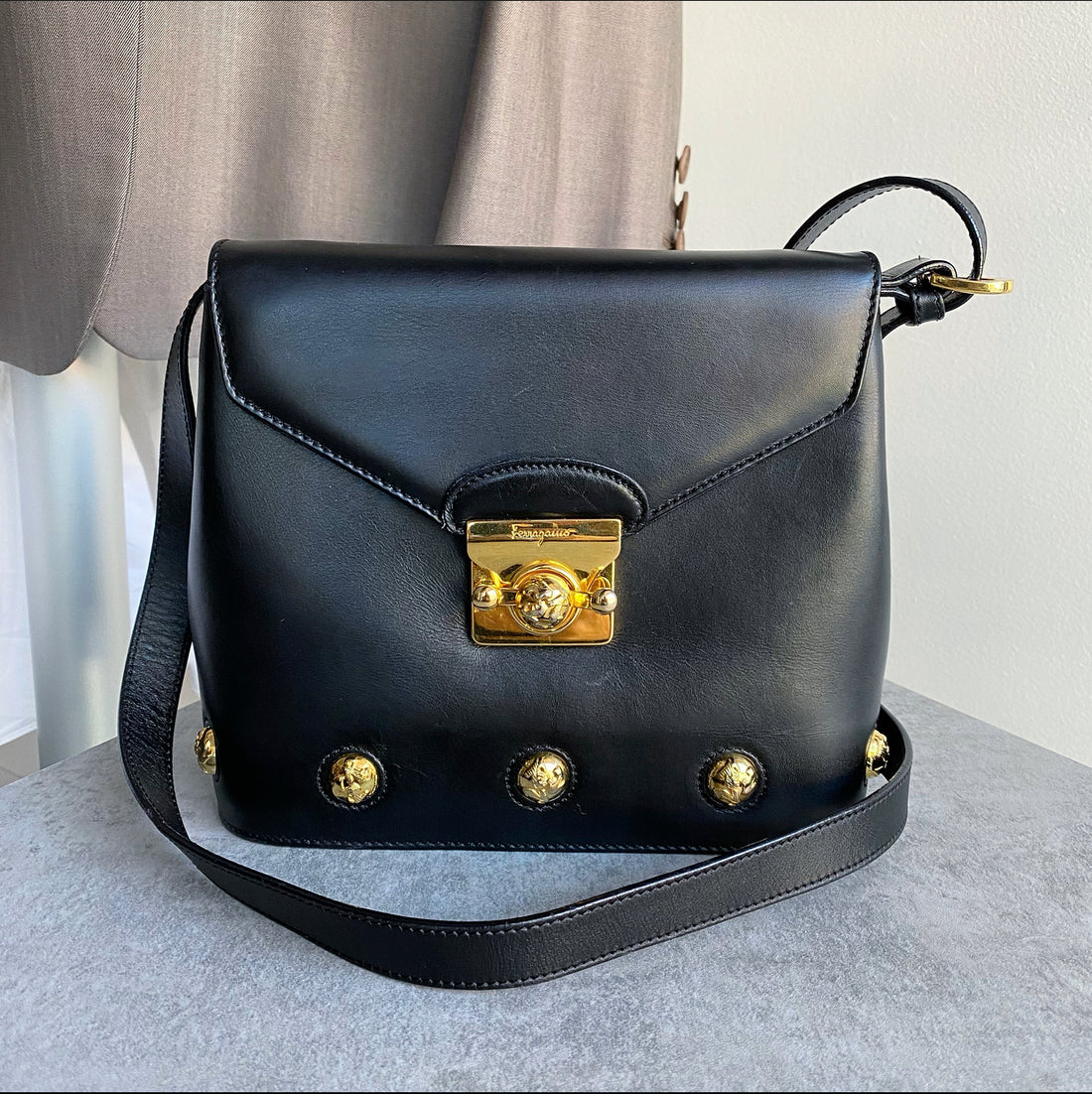 Ferragamo Small Black and Gold Stud Vintage Bag