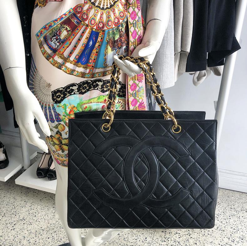 Chanel Vintage 1991-1994 Black Lambskin Quilt Leather CC Tote Bag