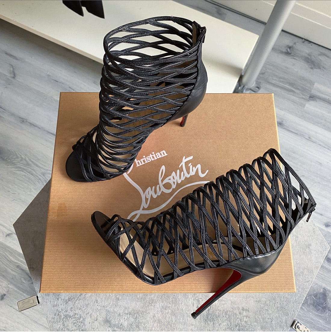 Louboutin Black Leather Millle Cinq 100 Caged Heels - 37