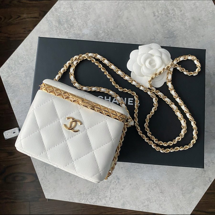 Chanel 22S White Lambskin Quilted Mini Box Chain Vanity Bag – I