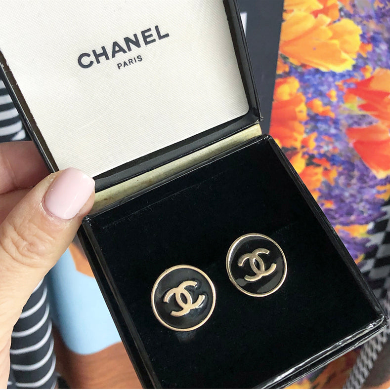 Chanel Vintage Gold Plated CC Black Gold Rim Clip on Earrings 
