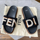 Fendi Black and Brown Shearling Flat Slide Sandals