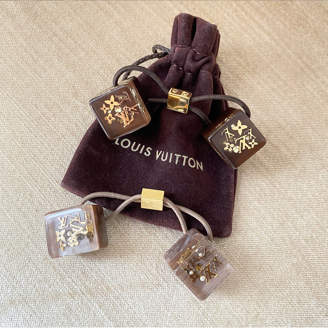 Louis Vuitton Light Brown Acrylic Cube Logo Hair Elastic Tie – I MISS YOU  VINTAGE