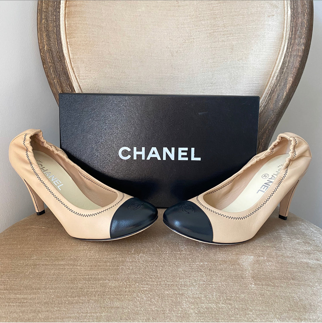 Chanel Vintage Beige Black Leather CC Logo Cap Toe High Heels