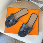 Hermes Oran Black H Logo Flat Leather Sandal