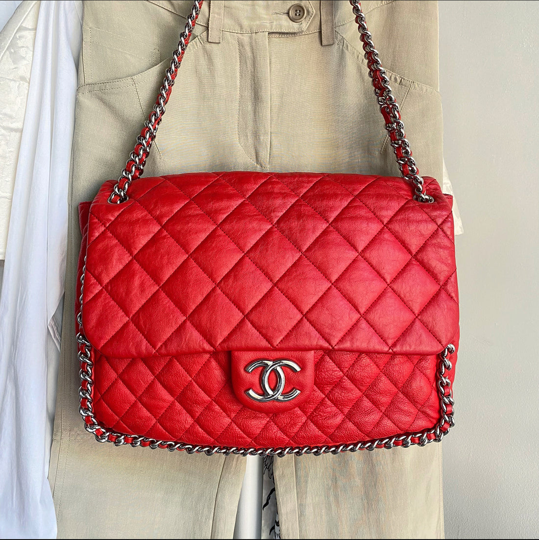 Chanel Beige Quilted Nubuck Leather Maxi Chain Around Flap Bag For Sale at  1stDibs  chanel maxi chain around flap bag