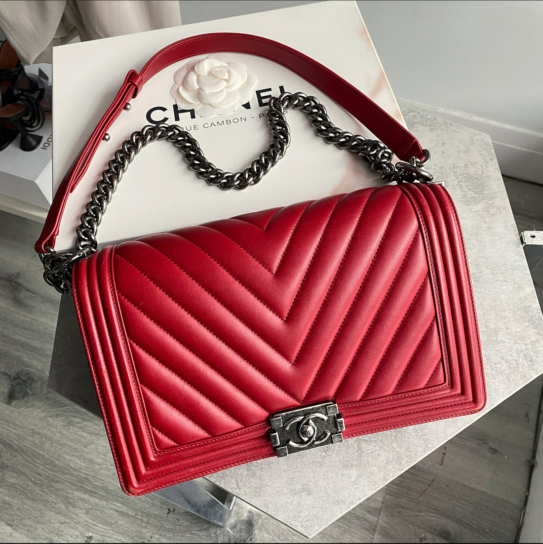 Chanel Large Red Lambskin Quilted Boy Bag Ruthenium