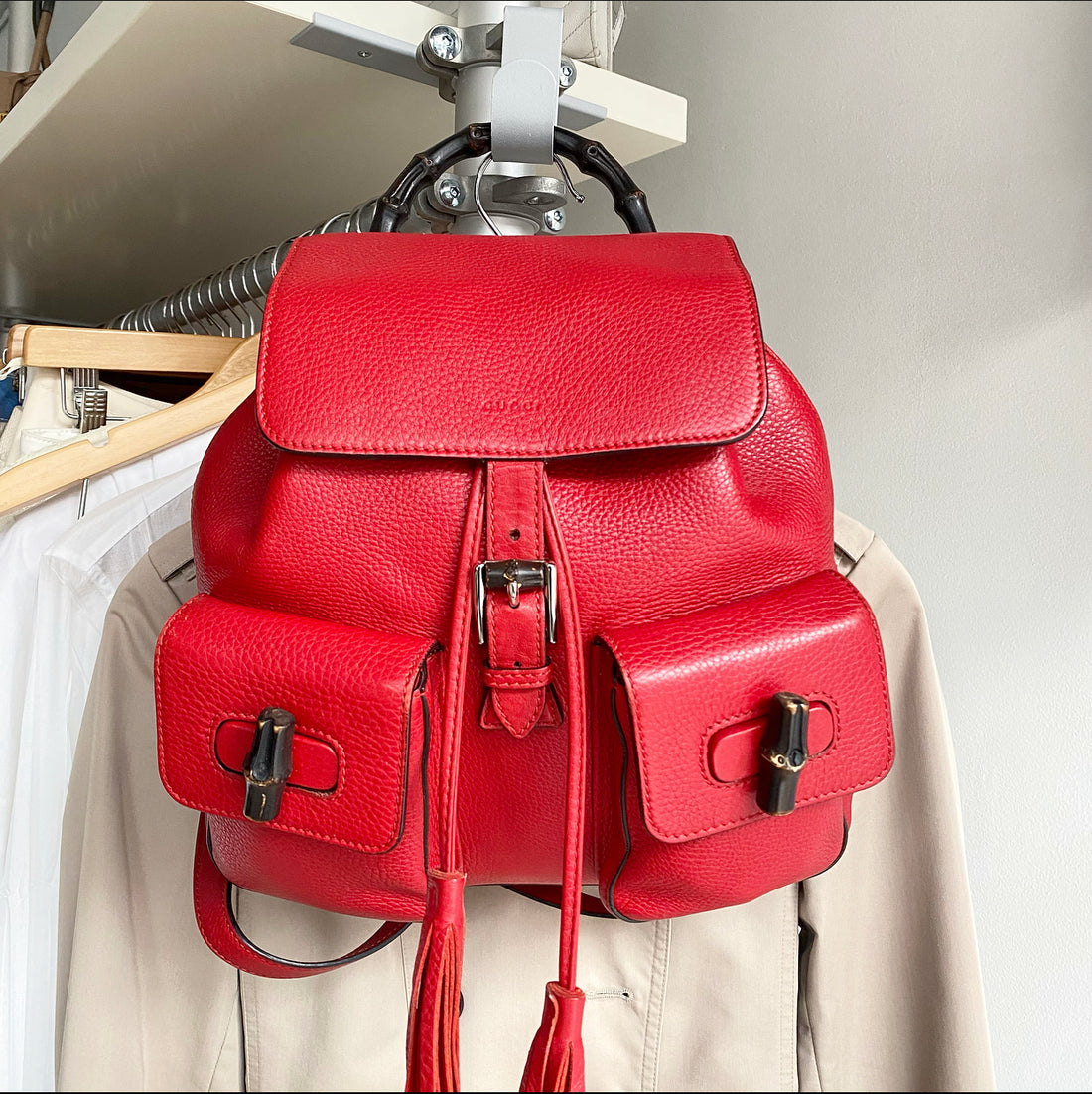 gucci bamboo mini backpack Gucci Red Leather Bamboo Handle Tassel Small Backpack – I MISS YOU VINTAGE