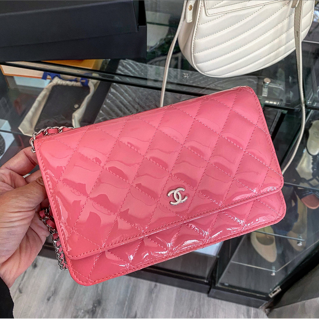 Chanel Bubble Gum Pink Patent Leather Wallet on Chain Crossbody