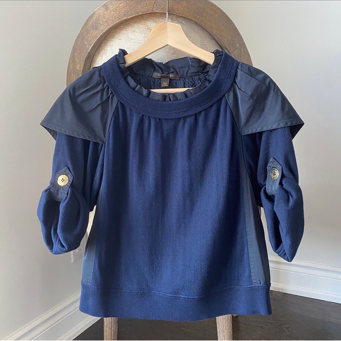 Louis Vuitton Navy Knit and Nylon Ruffle Top - FR38 / 6