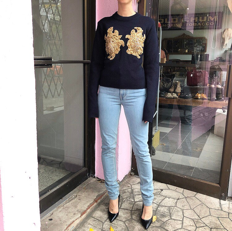 Y Project Fall 2018 Navy Wool Sweater with Gold Jewel Detail - M