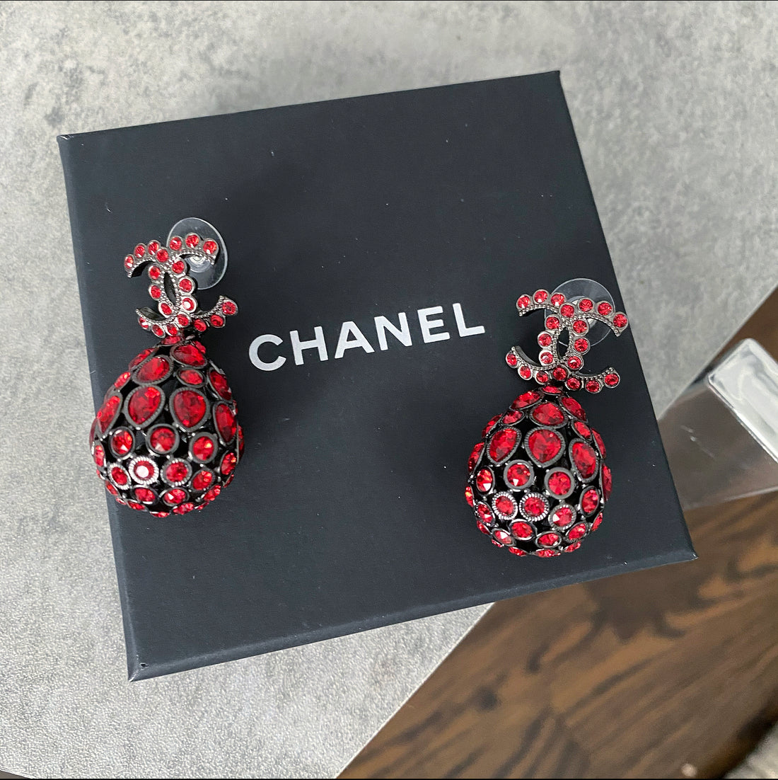 Chanel 20S Red Strass Tear Drop CC Earrings