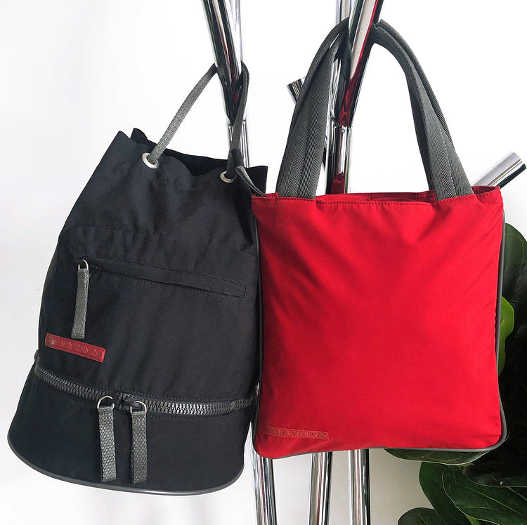 Prada Sport Red Stripe Vintage 1990’s Black Nylon Small Drawstring Bag