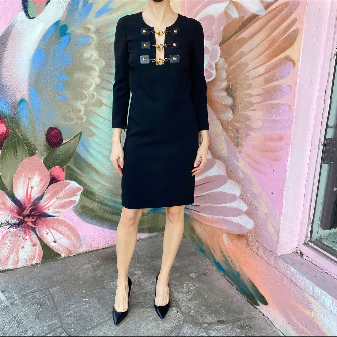 Gucci Black Wool Dress with Gold Horsebit Detail at Front - IT40 / USA I MISS YOU VINTAGE Gucci Black Wool Dress with Gold Horsebit Detail at Front - IT40 / USA I MISS YOU VINTAGE