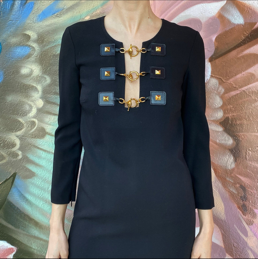 Gucci Black Wool Dress with Gold Horsebit Detail at Front - IT40 / USA 4