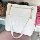 Chanel Vintage 1994 White Caviar Large CC Shoulder Tote Bag