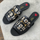 Gucci Black Leather Jewelled Flat Horsebit Slide Sandal - USA 7