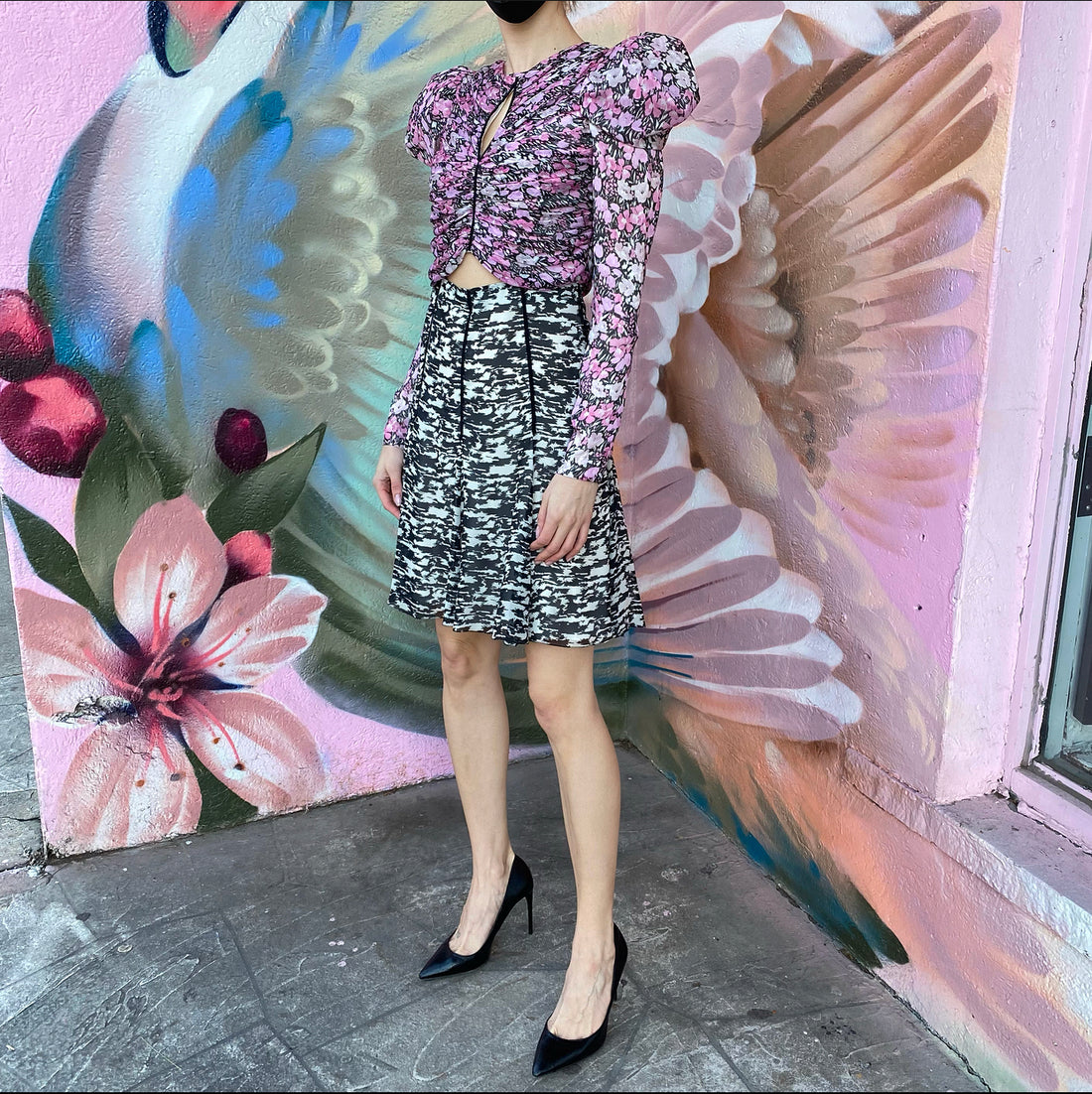 Giambattista Valli Pink and Black Floral Puff Sleeve Silk Dress - IT38 / USA 2