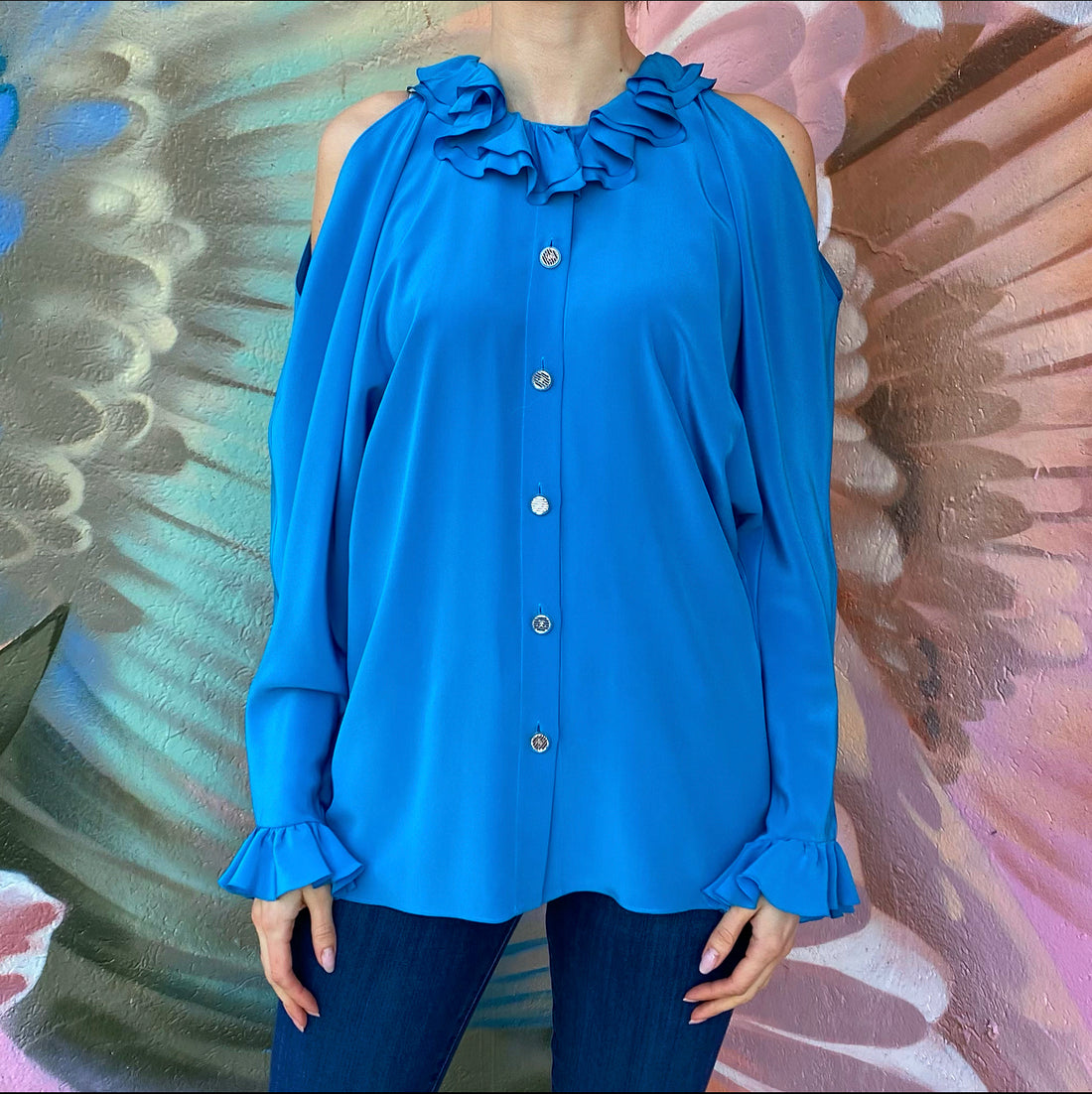 Chanel 17P Turquoise Blue Silk Ruffle Cold Shoulder Blouse - FR38 / USA 6