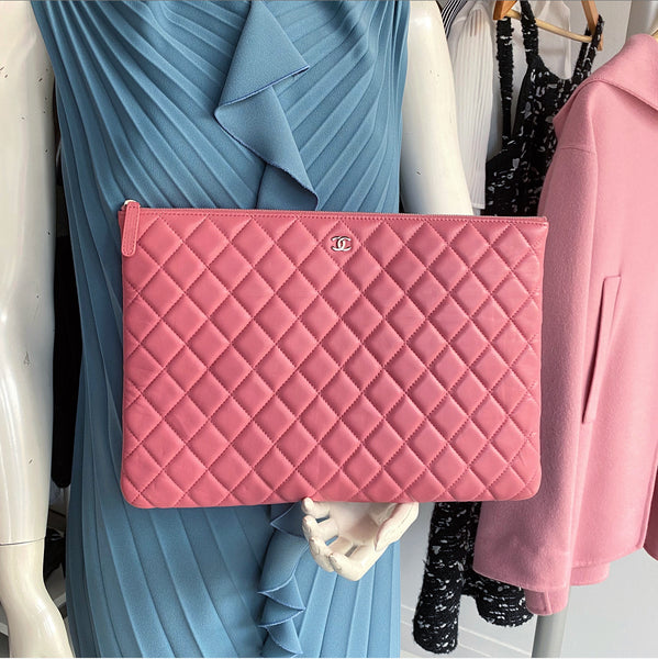 Chanel Pink Lambskin Quilted Large O Case Clutch