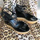 Gucci Black Patent Leather Cork Wedge Espadrille Shoes