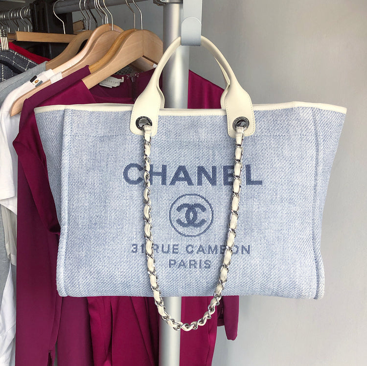 Chanel Canvas Large Deauville Tote Navy Blue Stripe 20S – Coco