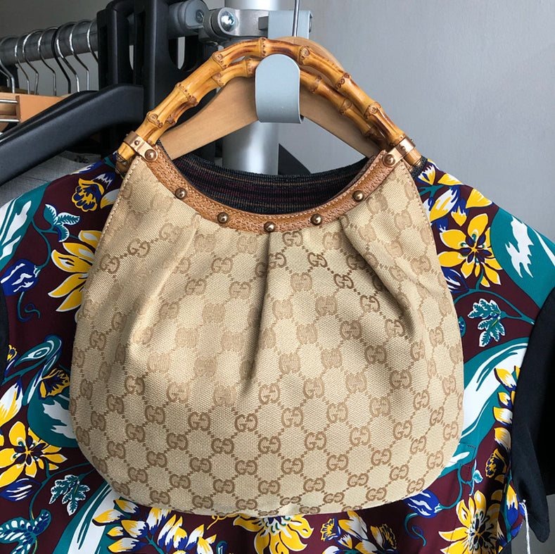 Gucci Beige Monogram Jacquard Bamboo Handle Small Bag