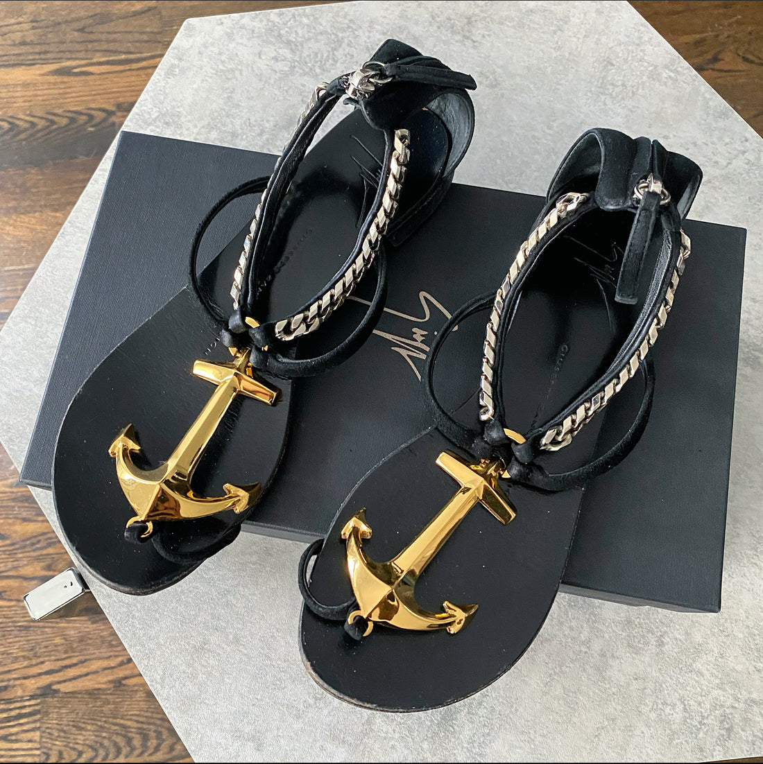 Giuseppe Zanotti Black Nautical Anchor Chain Flat Sandals - 7.5