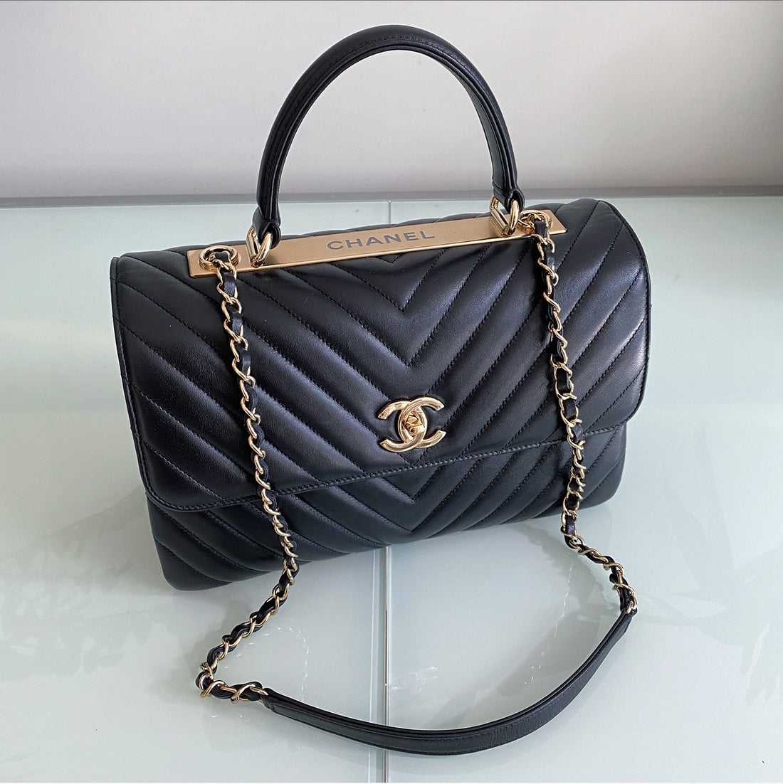 CHANEL, Bags, Bnwt Chanel Top Trendy Cc Top Handle Flap Bag Small Black  Chevron Lambskin W Coa