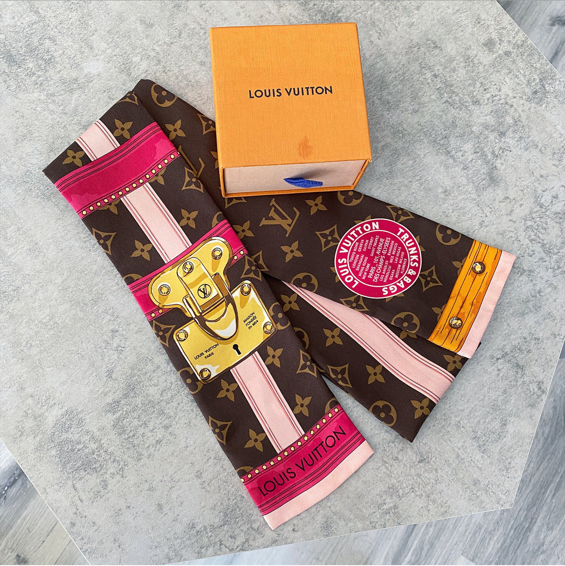 Louis Vuitton Rose Poudre Trunks Silk Bandeau at 1stDibs