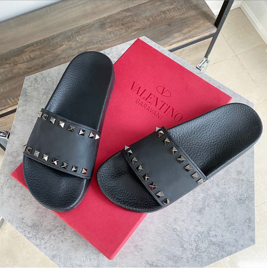 Valentino Black Rock Stud Rubber Flat Slides Sandals - 38 / 7.5