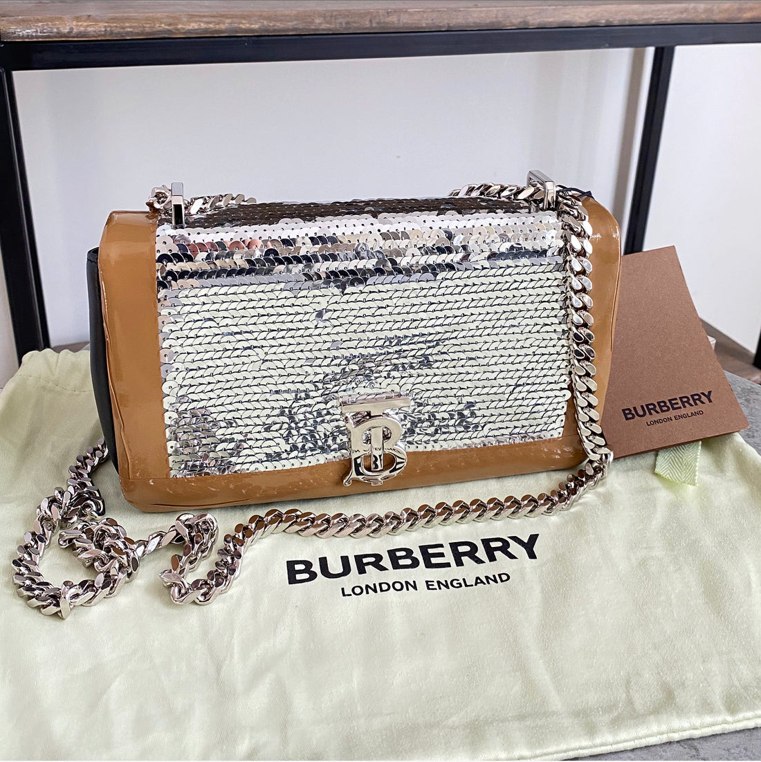 Burberry Small TB Silver Sequin Lola Chain Strap Crossbody Bag