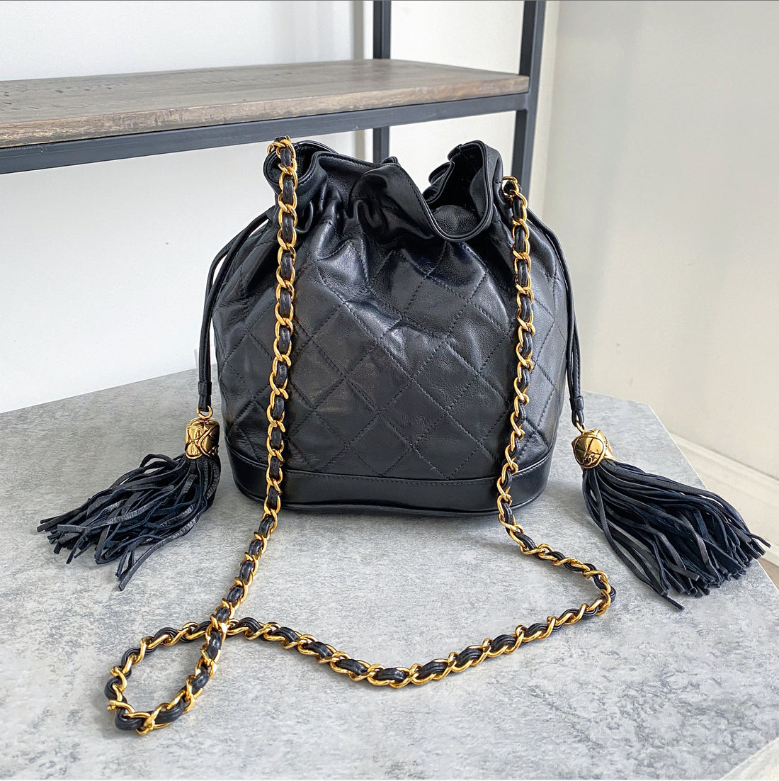 Chanel Vintage 1980's Black Lambskin Drawstring Bucket Bag