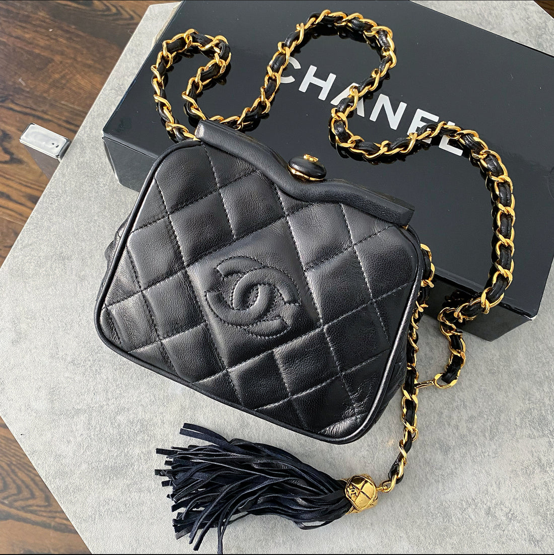 Chanel Vintage 1989 Black Lambskin Quilted Chain Belt Bag