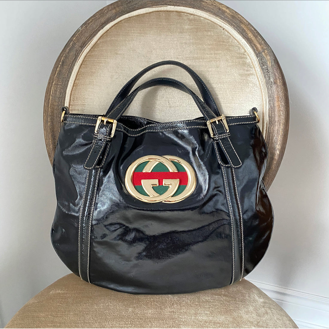 Gucci Coated Canvas and Patent Leather GG Logo Dialux Britt Hobo Bag