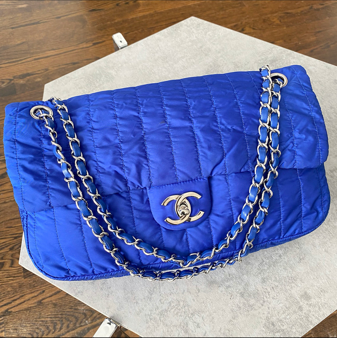 Chanel 12P Vintage Cobalt Blue Nylon Flap Bag and Pouch