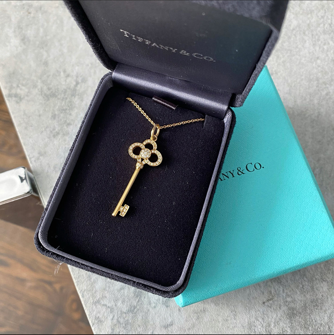 Tiffany & Co.  18k Yellow Gold Diamond Crown Key Necklace