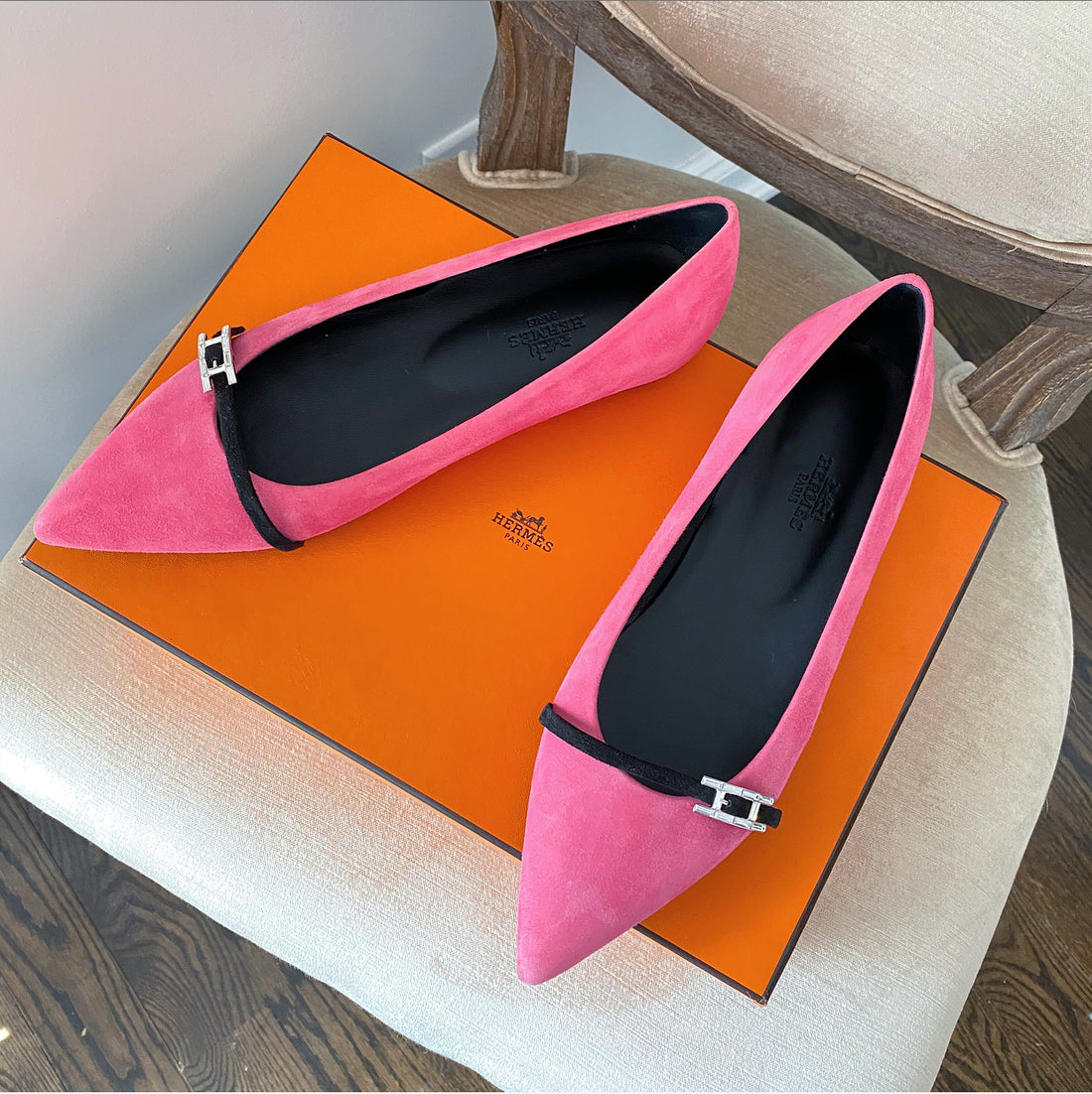 Hermes Pink Suede Laura Pointed Flats with Rhinestone Buckle - 36.5