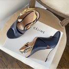 Celine Navy Blue Leather and Toile Wedge Sandals - 37