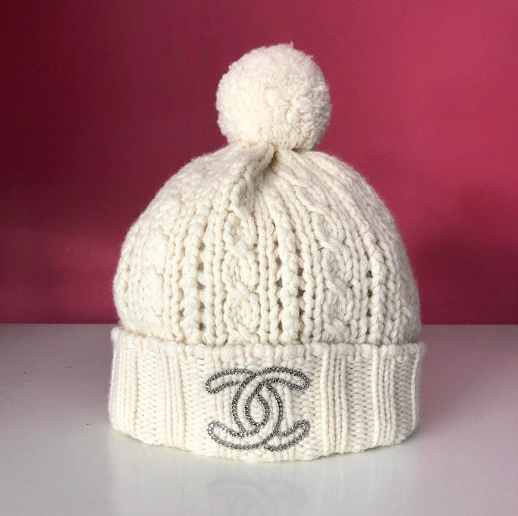 Chanel CC Ivory Cashmere Beanie Knit Hat with Pom Pom – I MISS YOU VINTAGE