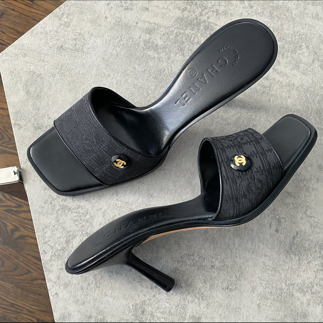 Chanel 02C Black Fabric Logo Mules - USA 7