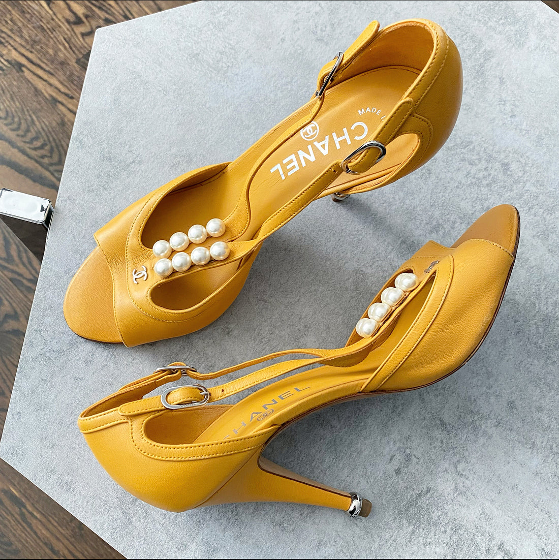 Chanel Mustard Yellow Pearl T-Strap Heels - 38
