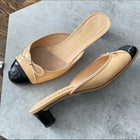 Chanel Beige Patent and Black Cap Toe Mules - 37