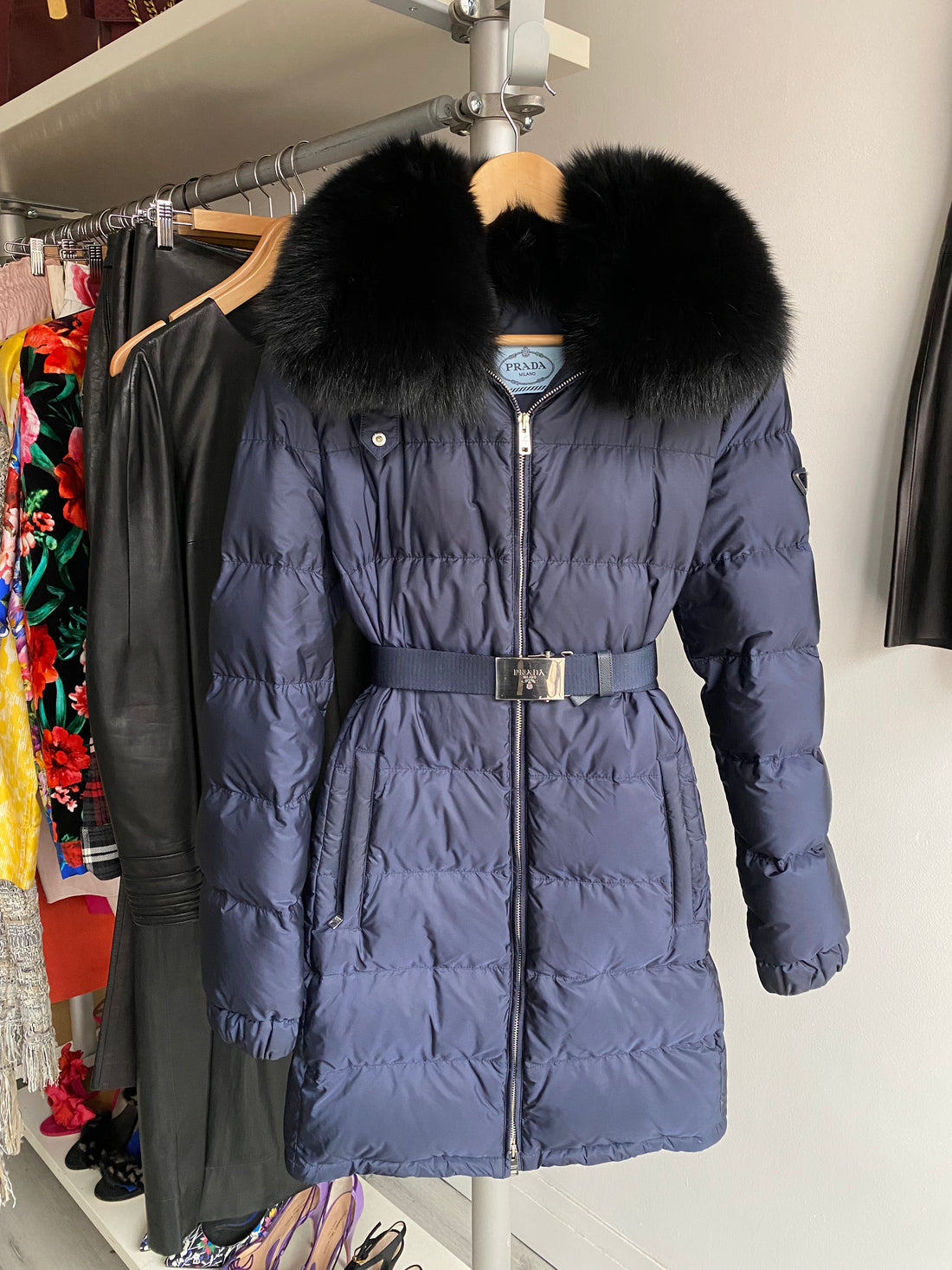 Navy blue coat with fur collar online